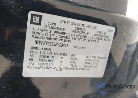 2009 Cadillac Escalade Standard z USA, uszkodzony, nr VIN 1GYFK23239R203481